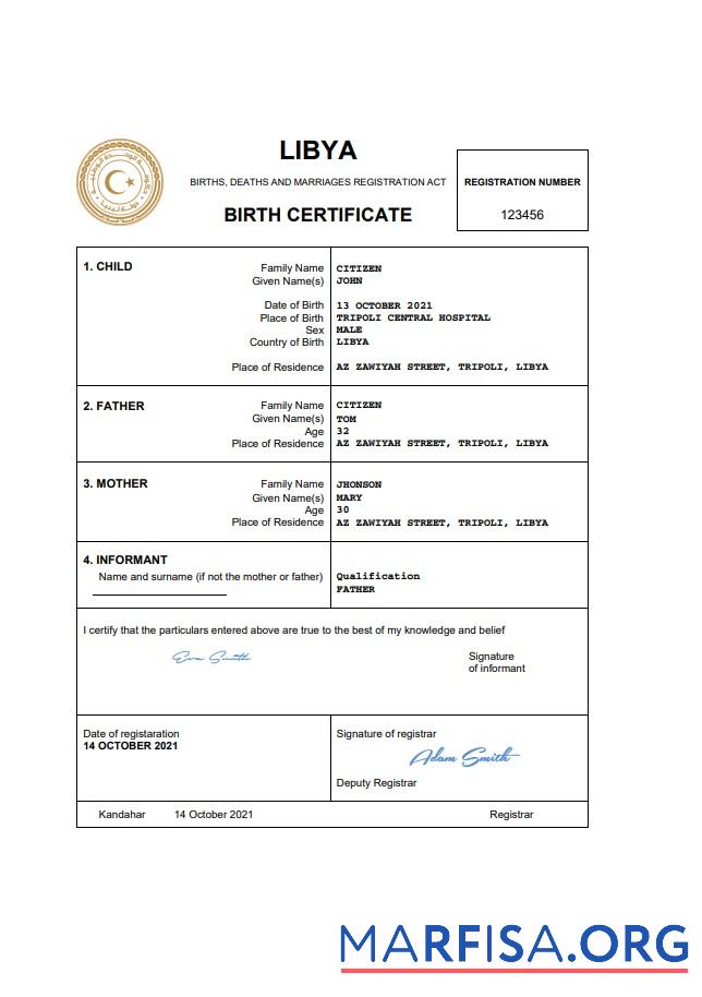 Downloadable Libya birth certificate Word and PDF template